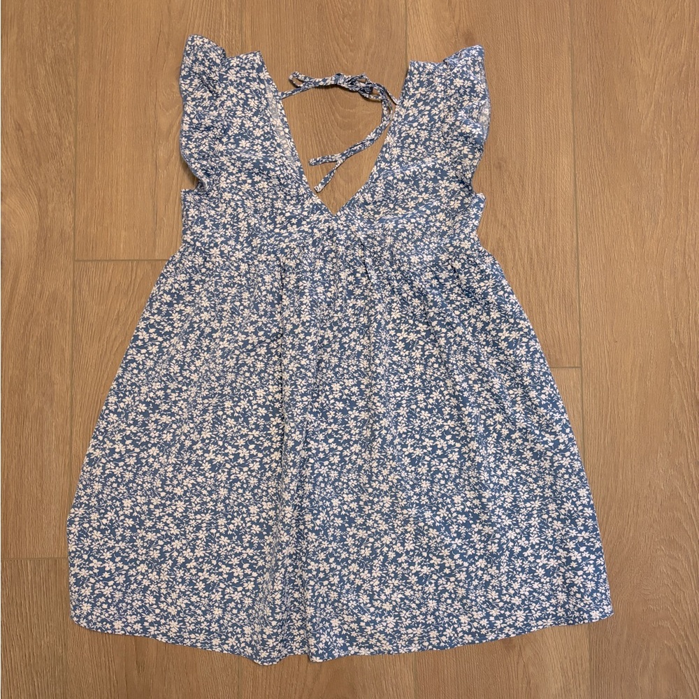 XS Blue and White Ruffled Babydoll Sundress SHEIN
